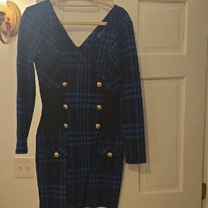 VENUS Blue and Black Long Sleeve Dress with Gold Buttons